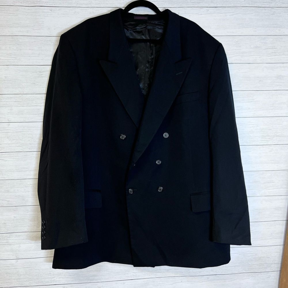 Andre Villard Wool Double Breasted Suit Jacket Black Size 50 XL 💗